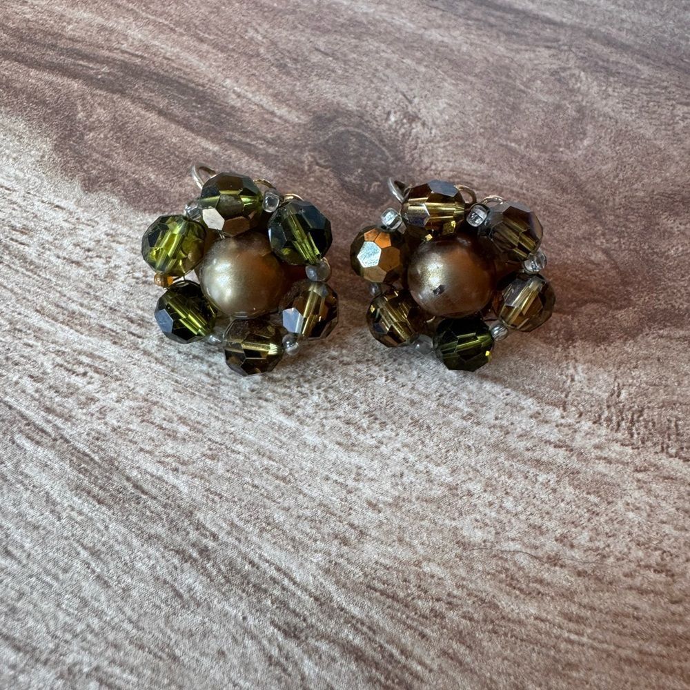 Vintage Marvella Olive Cluster Beaded Clip-on Earrings Chunky